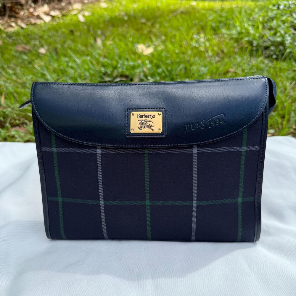 Vintage Burberrys Blue Plaid Clutch Canvas Leather Trim Authentic